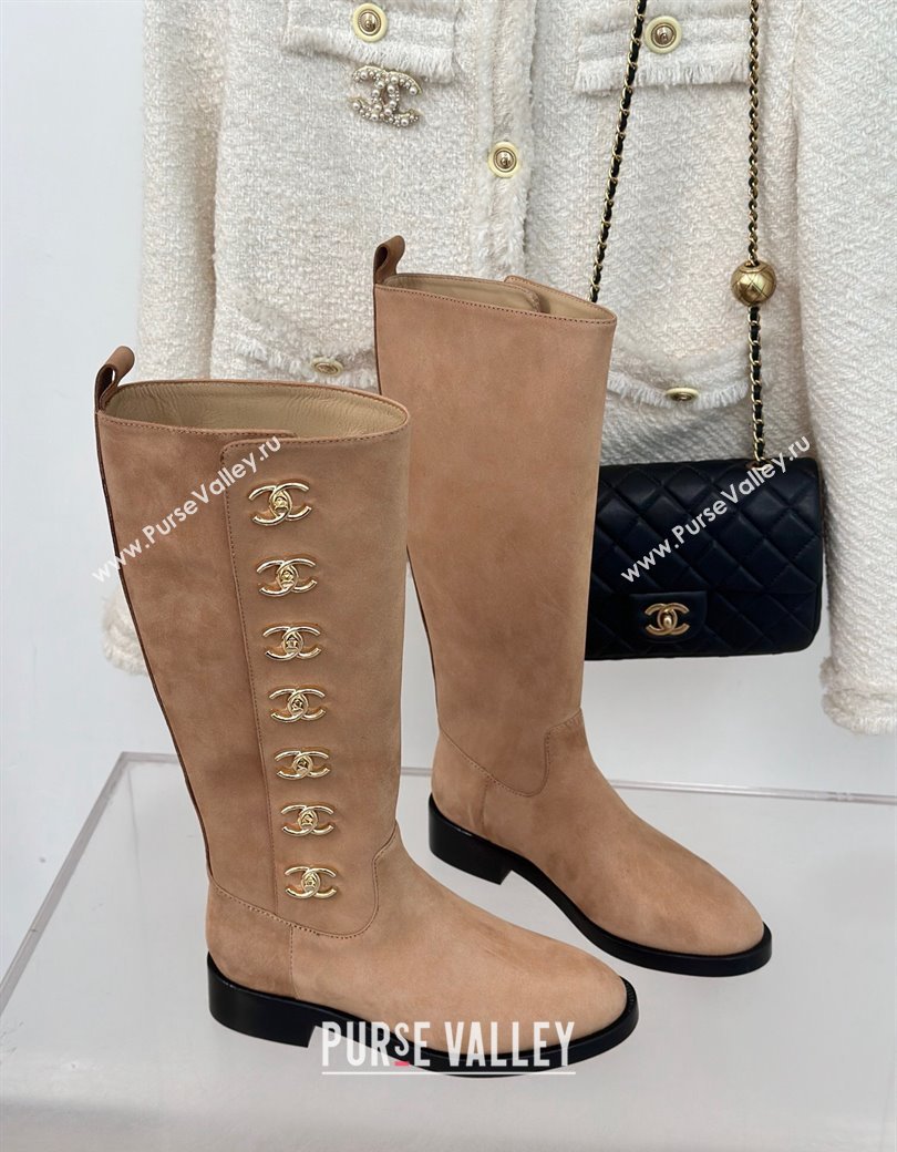 Chanel Suede High Boots 3cm with Side CC Studs Beige 2024 CH112110 (KL-241121056)