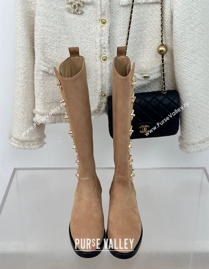 Chanel Suede High Boots 3cm with Side CC Studs Beige 2024 CH112110 (KL-241121056)