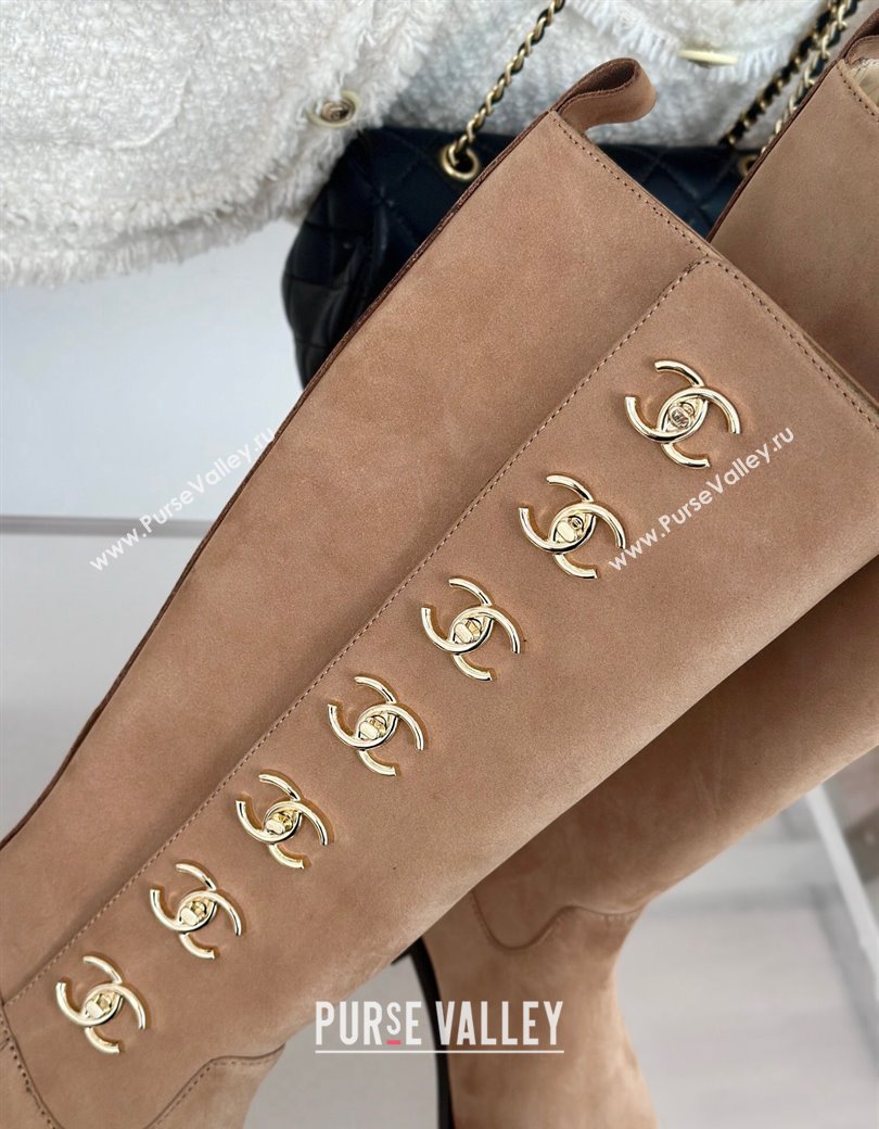 Chanel Suede High Boots 3cm with Side CC Studs Beige 2024 CH112110 (KL-241121056)