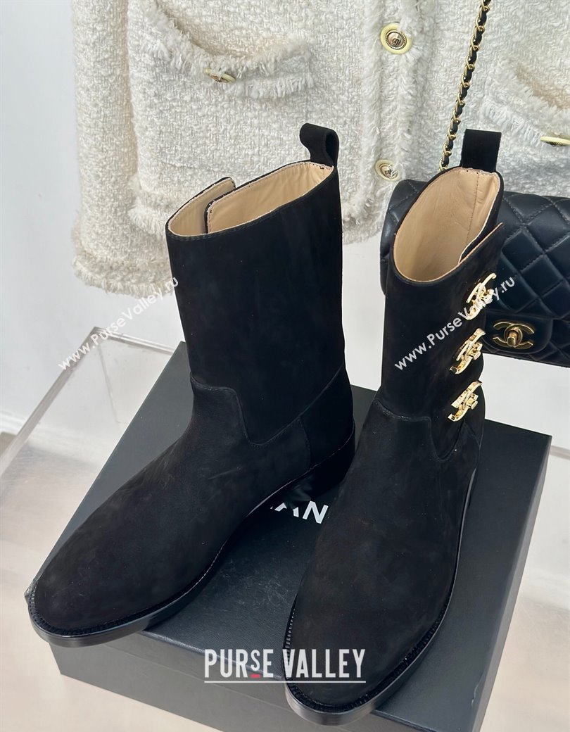 Chanel Suede Ankle Boots 3cm with Side CC Studs Black 2024 CH112110 (KL-241121058)