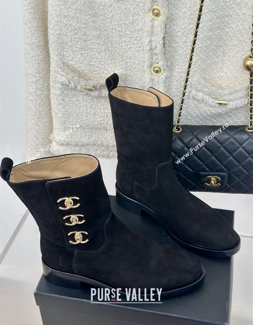 Chanel Suede Ankle Boots 3cm with Side CC Studs Black 2024 CH112110 (KL-241121058)