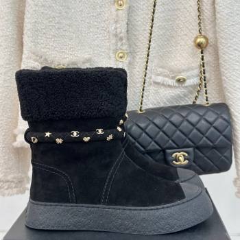 Chanel Suede Shearling Snow Boots with Charm Strap Black 2024 CH112010 (KL-241120141)