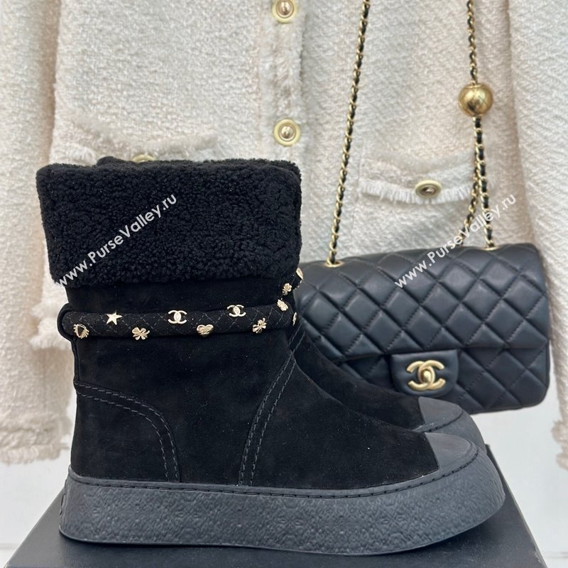 Chanel Suede Shearling Snow Boots with Charm Strap Black 2024 CH112010 (KL-241120141)