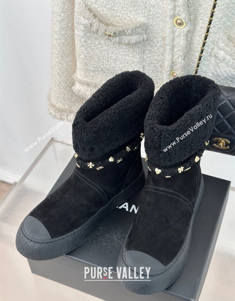 Chanel Suede Shearling Snow Boots with Charm Strap Black 2024 CH112010 (KL-241120141)