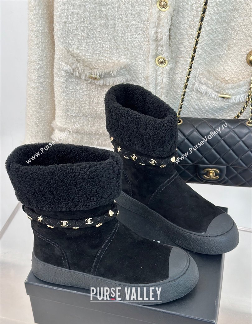 Chanel Suede Shearling Snow Boots with Charm Strap Black 2024 CH112010 (KL-241120141)