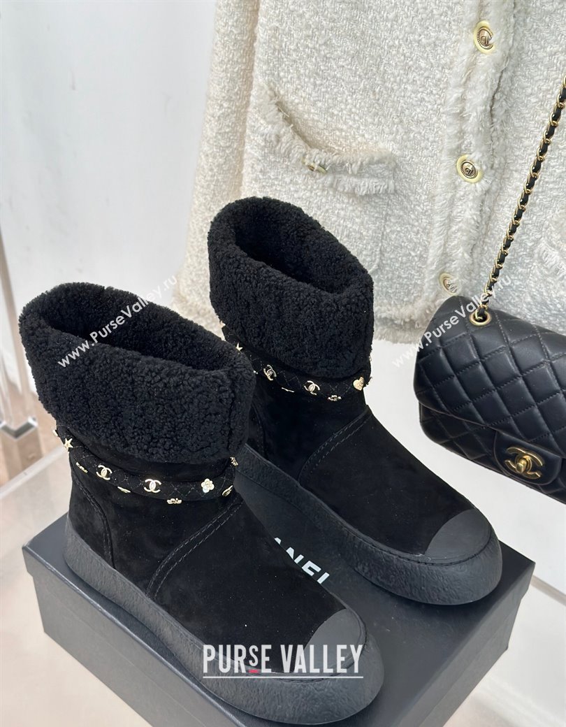 Chanel Suede Shearling Snow Boots with Charm Strap Black 2024 CH112010 (KL-241120141)