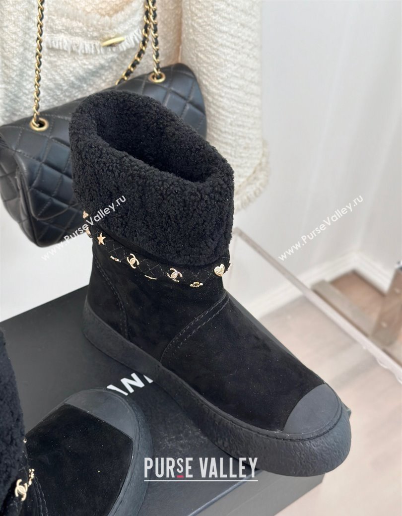 Chanel Suede Shearling Snow Boots with Charm Strap Black 2024 CH112010 (KL-241120141)