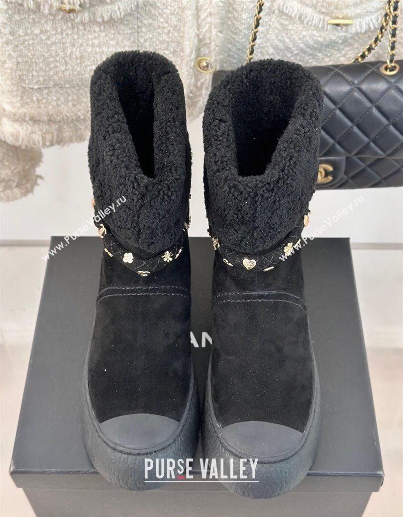 Chanel Suede Shearling Snow Boots with Charm Strap Black 2024 CH112010 (KL-241120141)