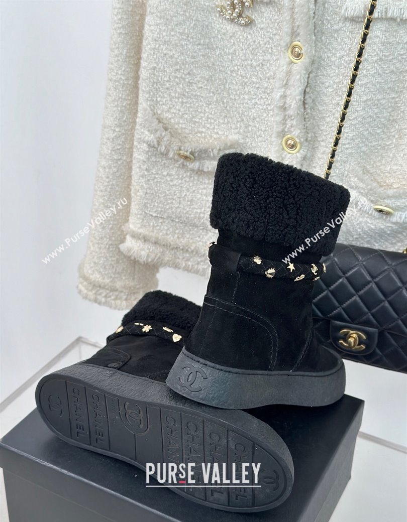 Chanel Suede Shearling Snow Boots with Charm Strap Black 2024 CH112010 (KL-241120141)