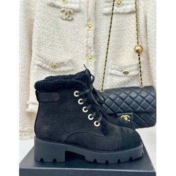 Chanel Calfskin Wool Laced-up Ankle Boots Black 2024 CH112011 (KL-241120143)