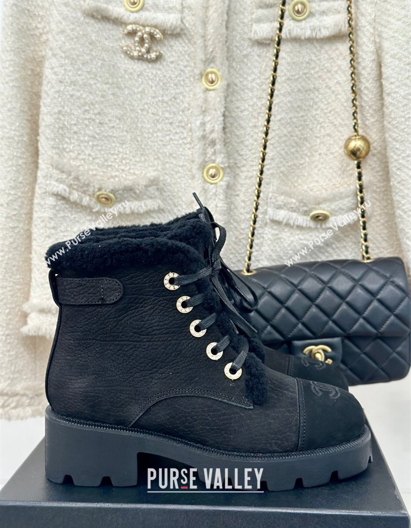 Chanel Calfskin Wool Laced-up Ankle Boots Black 2024 CH112011 (KL-241120143)