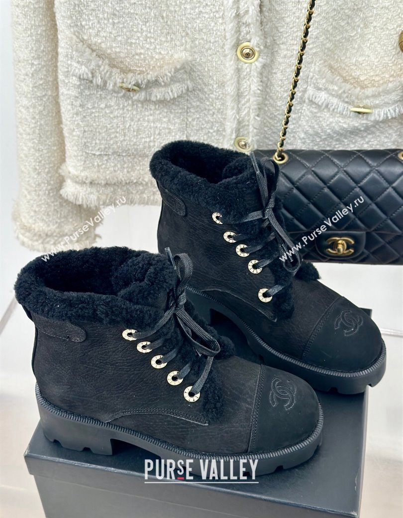 Chanel Calfskin Wool Laced-up Ankle Boots Black 2024 CH112011 (KL-241120143)