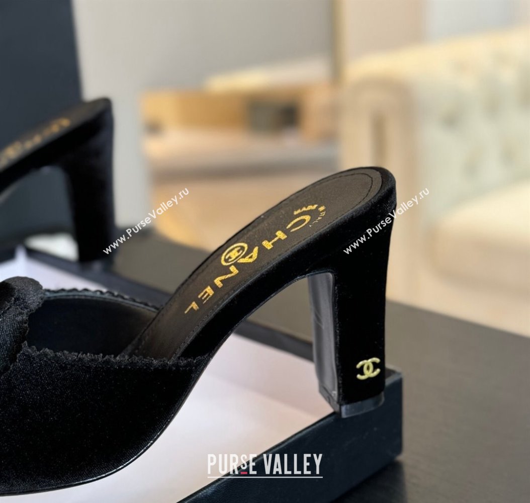 Chanel Velvet Heel Slides Sandal 8cm with Camellia Bloom Black 2024 G45932 (SS-241121028)