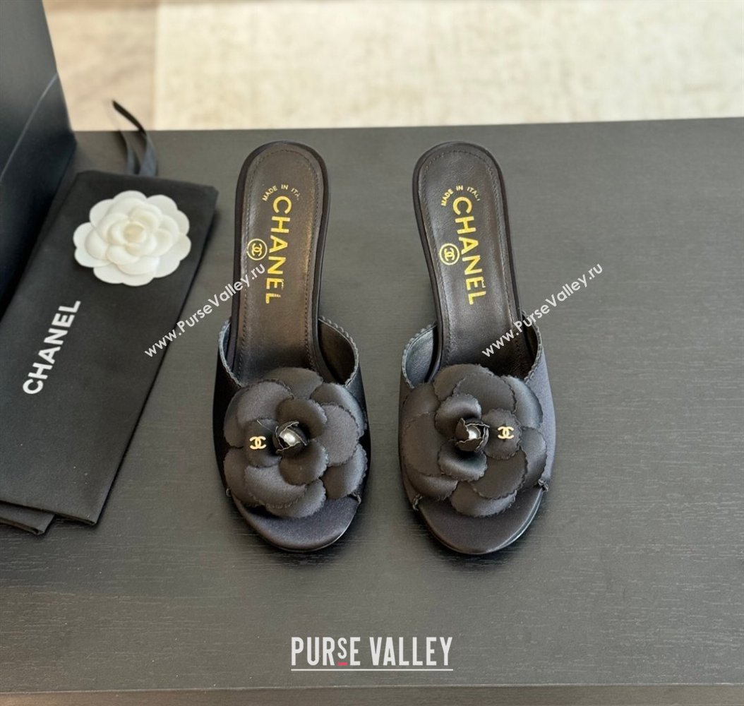 Chanel Satin Heel Slides Sandal 8cm with Camellia Bloom Black 2024 G45932 (SS-241121029)