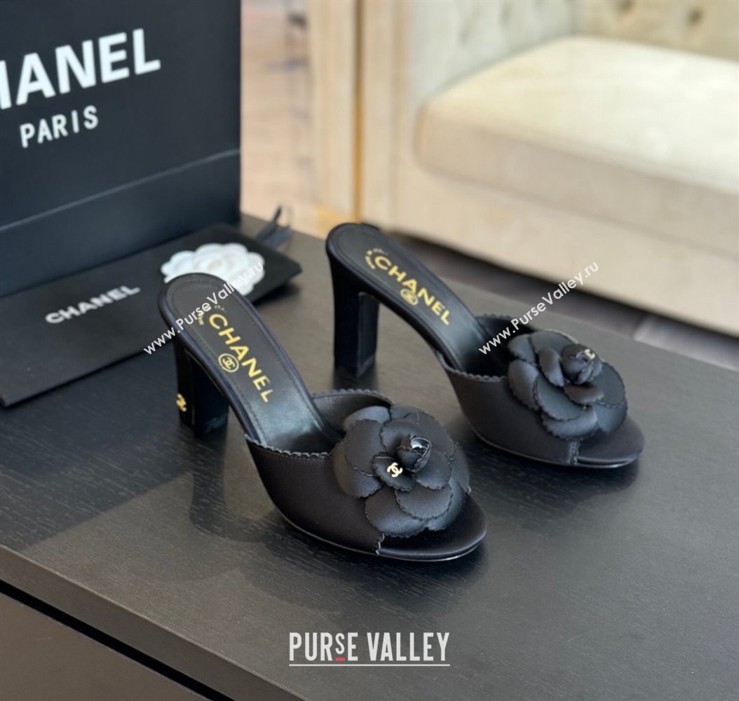 Chanel Satin Heel Slides Sandal 8cm with Camellia Bloom Black 2024 G45932 (SS-241121029)