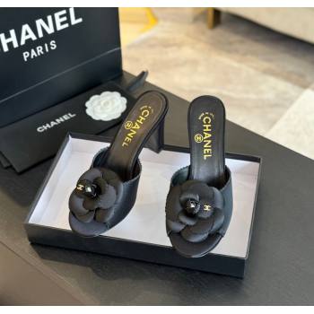 Chanel Satin Heel Slides Sandal 8cm with Camellia Bloom Black 2024 G45932 (SS-241121029)