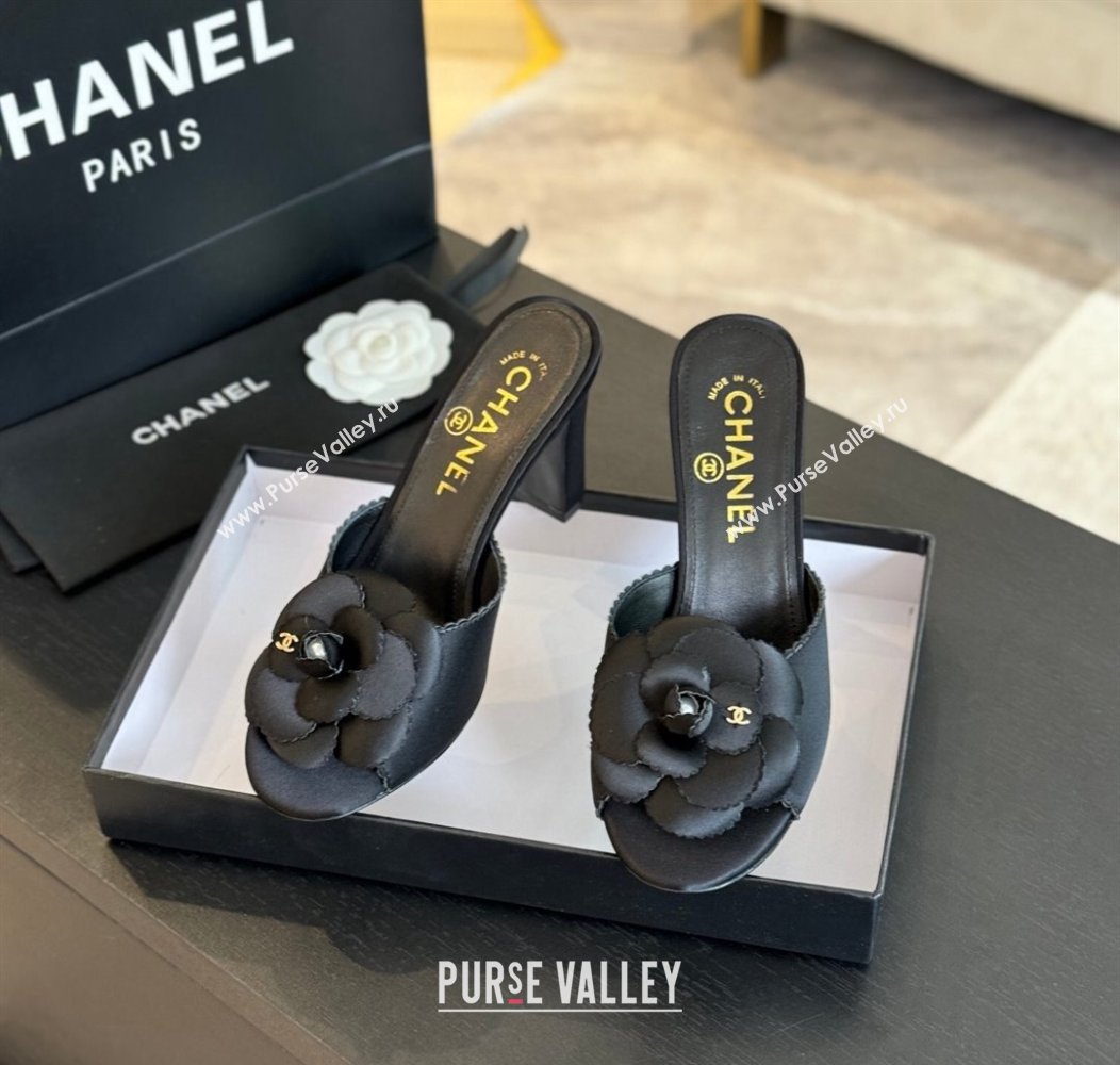 Chanel Satin Heel Slides Sandal 8cm with Camellia Bloom Black 2024 G45932 (SS-241121029)