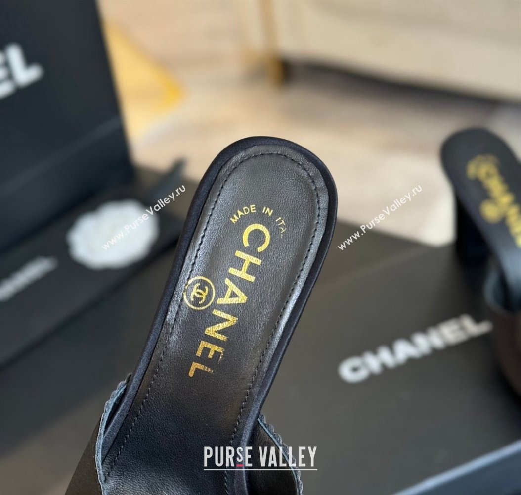 Chanel Satin Heel Slides Sandal 8cm with Camellia Bloom Black 2024 G45932 (SS-241121029)