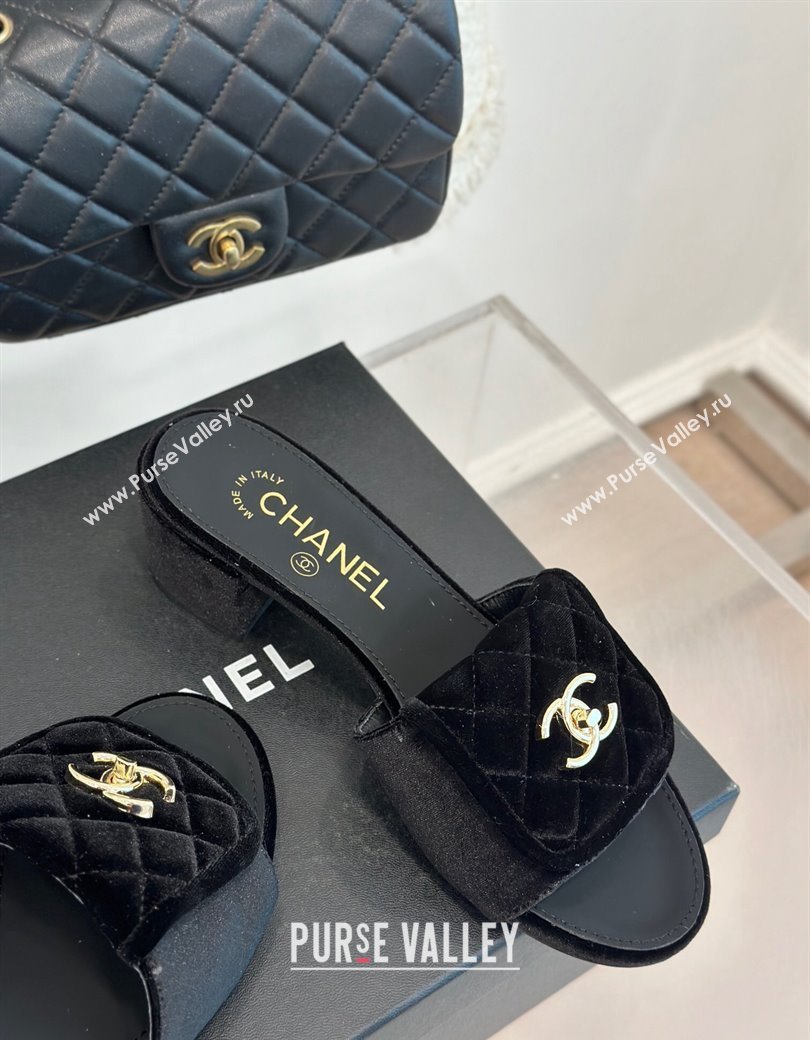 Chanel Velvet Heel Slides Sandal 5cm with Quilted CC Foldover G45474 Black 2024 (MD-241120078)