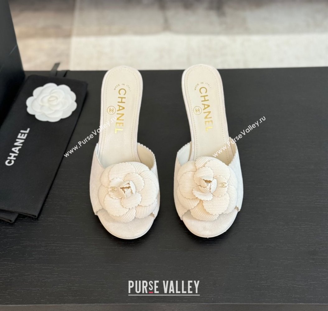 Chanel Suede Heel Slides Sandal 8cm with Camellia Bloom White 2024 G45932 (SS-241121030)