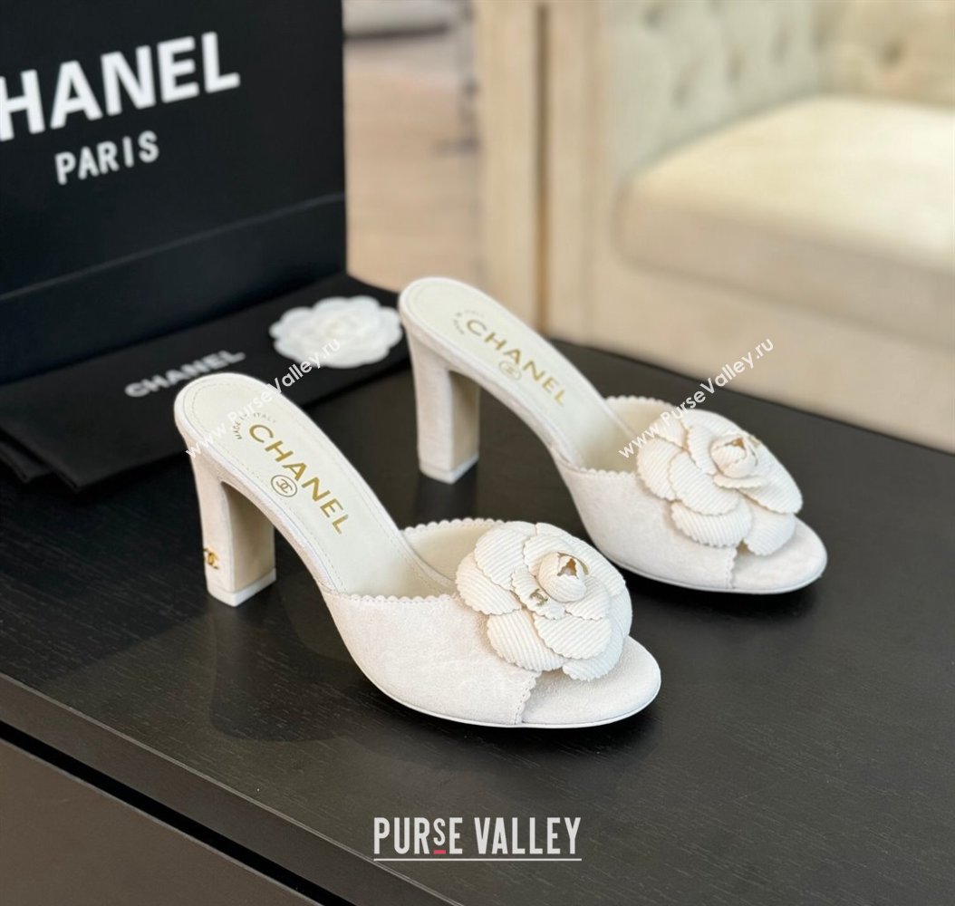 Chanel Suede Heel Slides Sandal 8cm with Camellia Bloom White 2024 G45932 (SS-241121030)