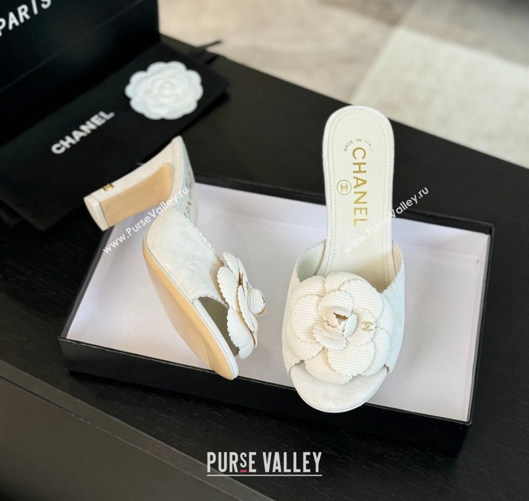 Chanel Suede Heel Slides Sandal 8cm with Camellia Bloom White 2024 G45932 (SS-241121030)