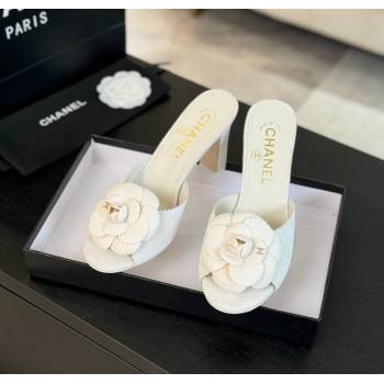 Chanel Suede Heel Slides Sandal 8cm with Camellia Bloom White 2024 G45932 (SS-241121030)