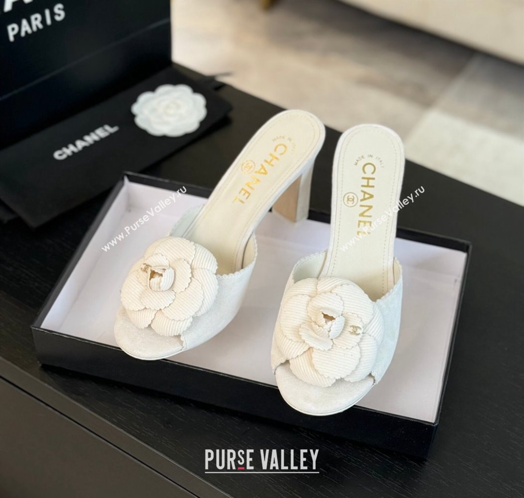 Chanel Suede Heel Slides Sandal 8cm with Camellia Bloom White 2024 G45932 (SS-241121030)