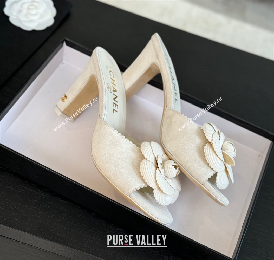 Chanel Suede Heel Slides Sandal 8cm with Camellia Bloom White 2024 G45932 (SS-241121030)