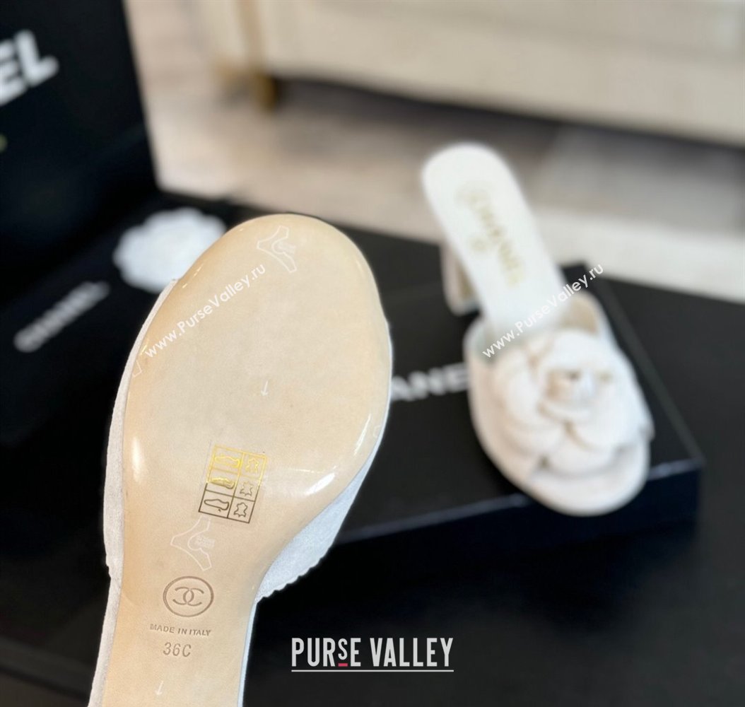 Chanel Suede Heel Slides Sandal 8cm with Camellia Bloom White 2024 G45932 (SS-241121030)