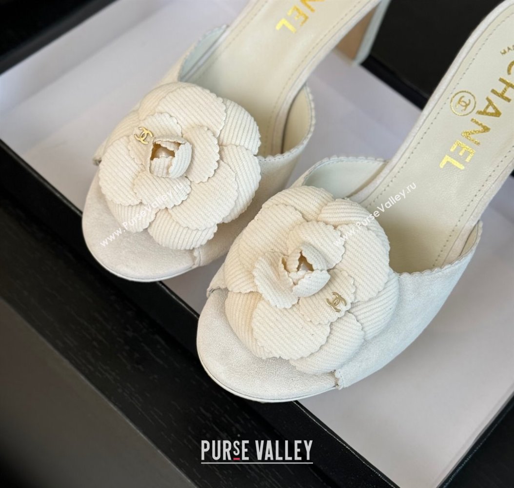 Chanel Suede Heel Slides Sandal 8cm with Camellia Bloom White 2024 G45932 (SS-241121030)