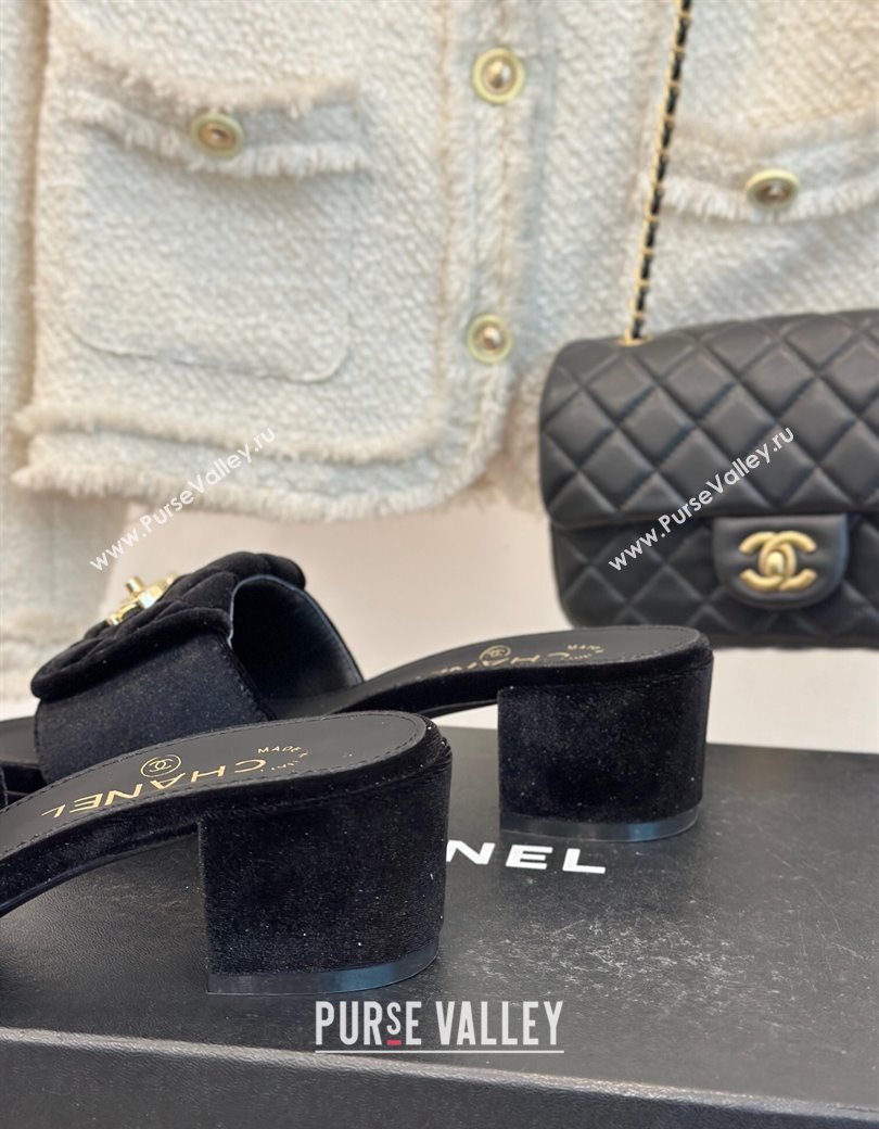 Chanel Velvet Heel Slides Sandal 5cm with Quilted CC Foldover G45474 Black 2024 (MD-241120078)