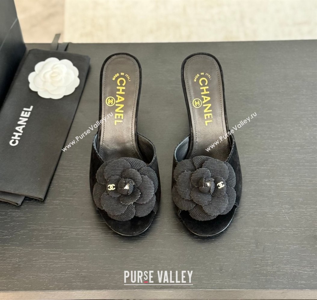 Chanel Suede Heel Slides Sandal 8cm with Camellia Bloom Black 2024 G45932 (SS-241121031)