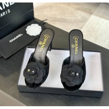 Chanel Suede Heel Slides Sandal 8cm with Camellia Bloom Black 2024 G45932 (SS-241121031)