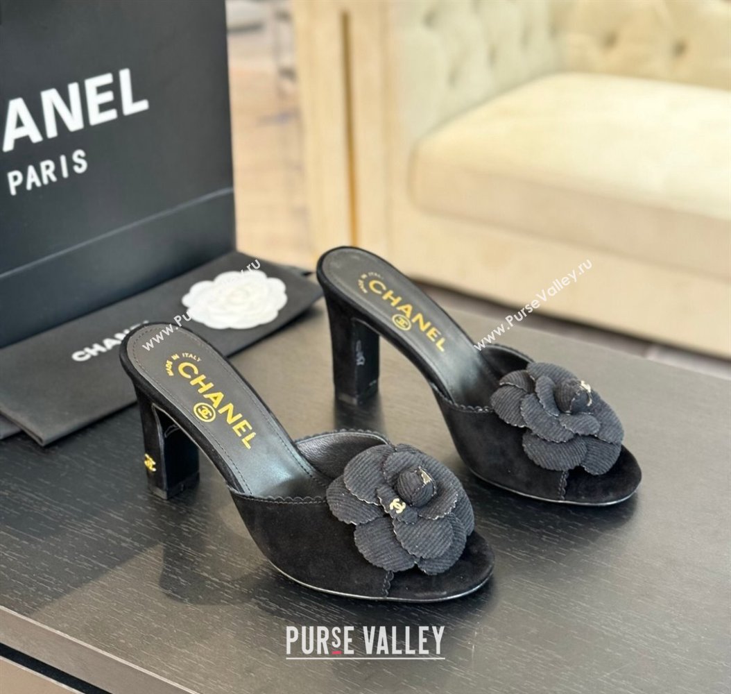 Chanel Suede Heel Slides Sandal 8cm with Camellia Bloom Black 2024 G45932 (SS-241121031)