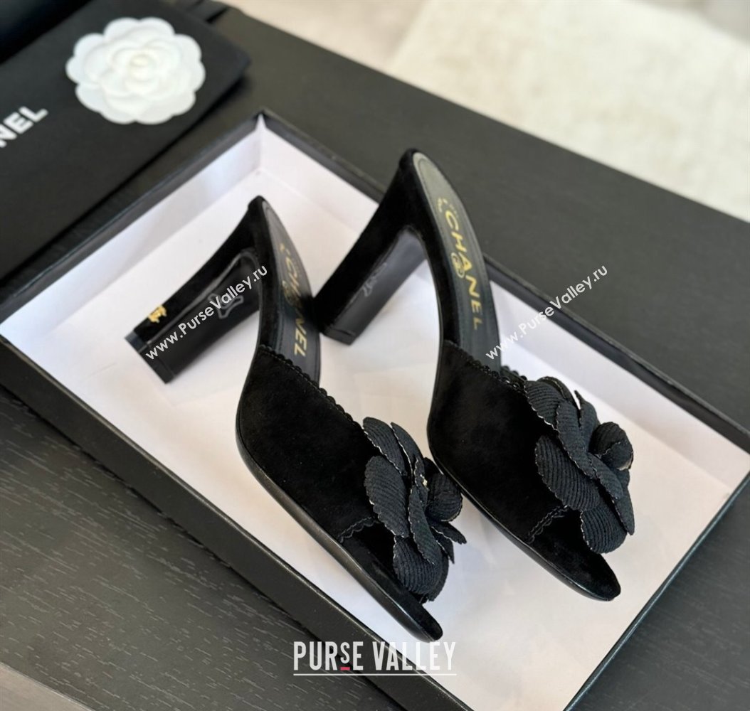 Chanel Suede Heel Slides Sandal 8cm with Camellia Bloom Black 2024 G45932 (SS-241121031)