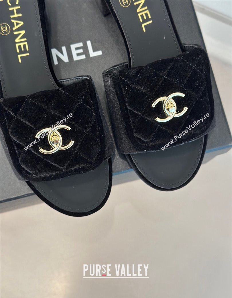 Chanel Velvet Heel Slides Sandal 5cm with Quilted CC Foldover G45474 Black 2024 (MD-241120078)