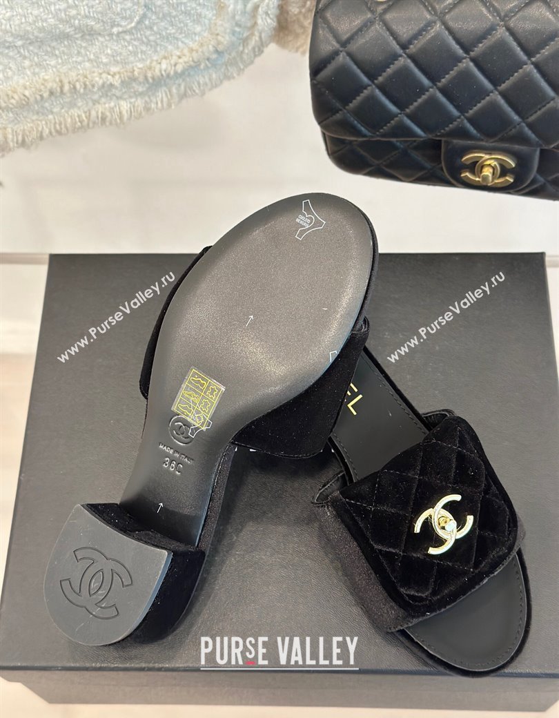 Chanel Velvet Heel Slides Sandal 5cm with Quilted CC Foldover G45474 Black 2024 (MD-241120078)