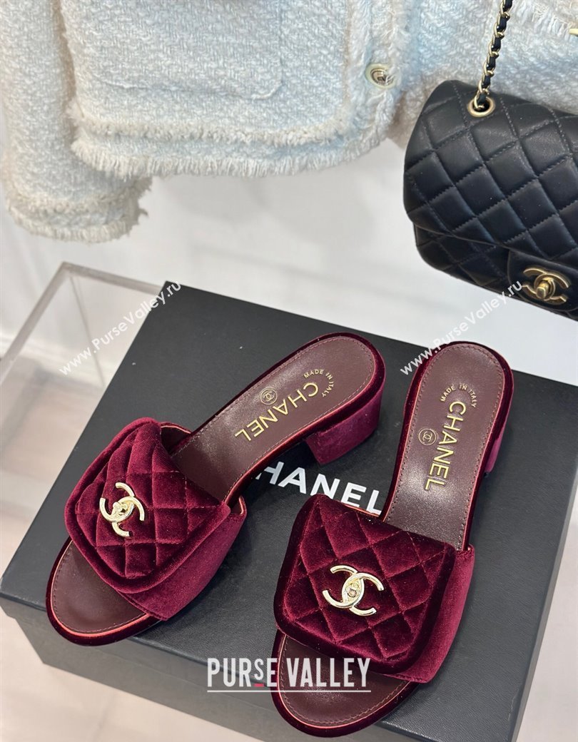 Chanel Velvet Heel Slides Sandal 5cm with Quilted CC Foldover G45474 Burgundy 2024 (MD-241120079)