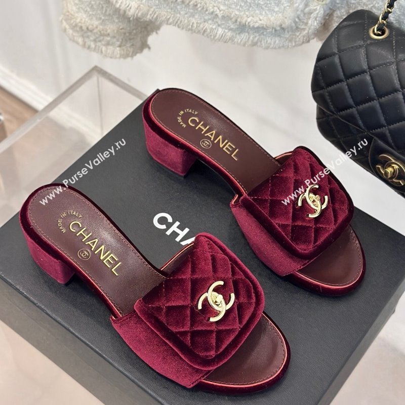 Chanel Velvet Heel Slides Sandal 5cm with Quilted CC Foldover G45474 Burgundy 2024 (MD-241120079)