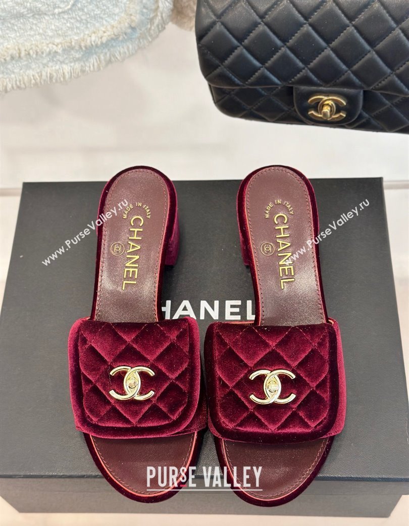 Chanel Velvet Heel Slides Sandal 5cm with Quilted CC Foldover G45474 Burgundy 2024 (MD-241120079)