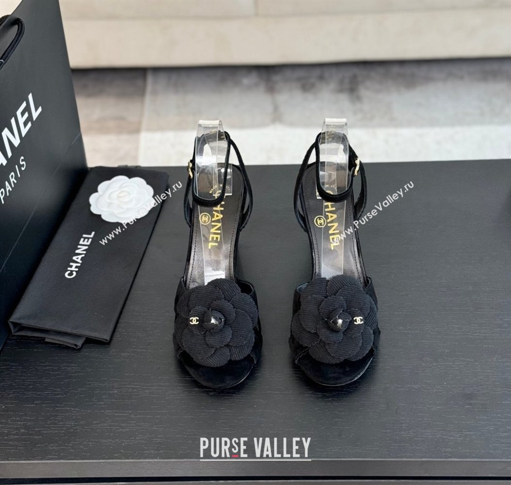Chanel Suede Heel Sandals 8cm with Camellia Bloom Black 2024 G45927 (SS-241121032)