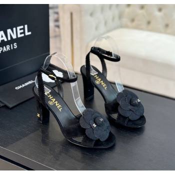 Chanel Suede Heel Sandals 8cm with Camellia Bloom Black 2024 G45927 (SS-241121032)