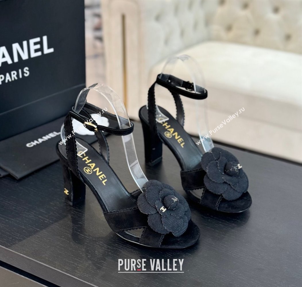 Chanel Suede Heel Sandals 8cm with Camellia Bloom Black 2024 G45927 (SS-241121032)