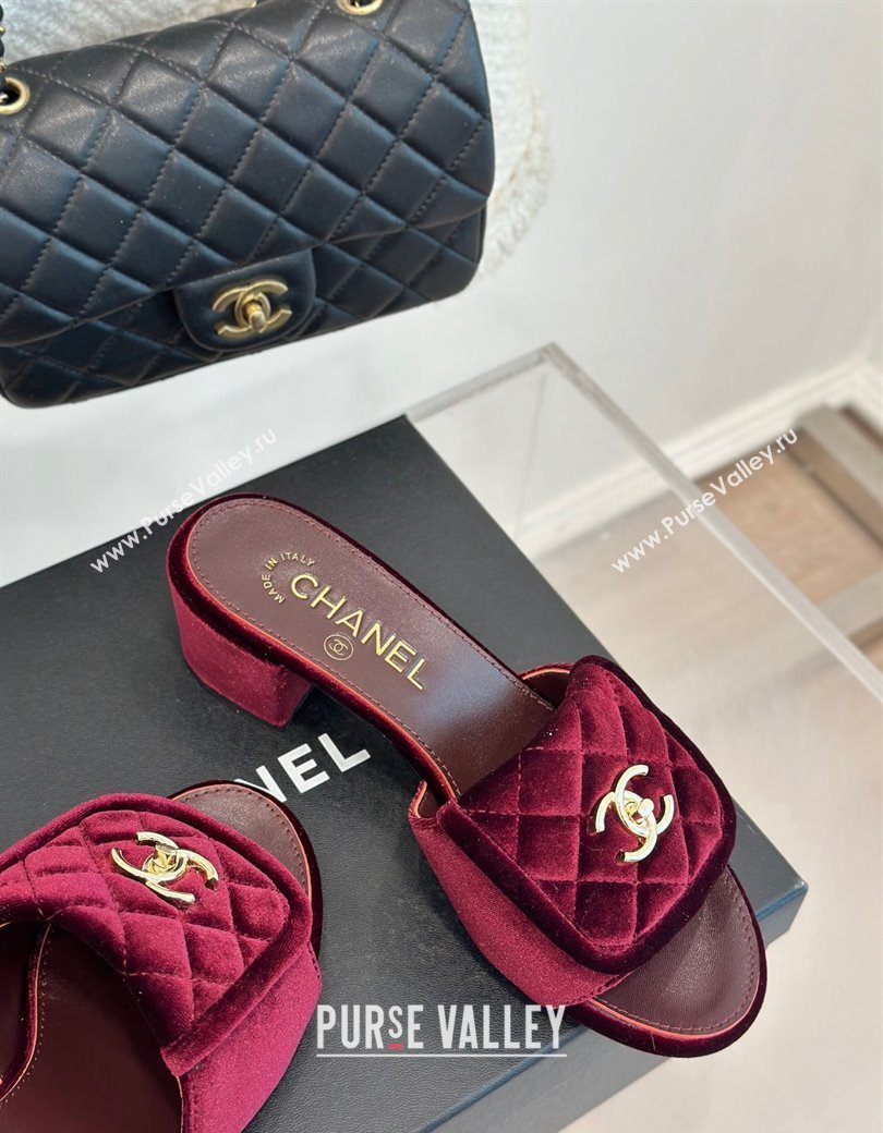 Chanel Velvet Heel Slides Sandal 5cm with Quilted CC Foldover G45474 Burgundy 2024 (MD-241120079)