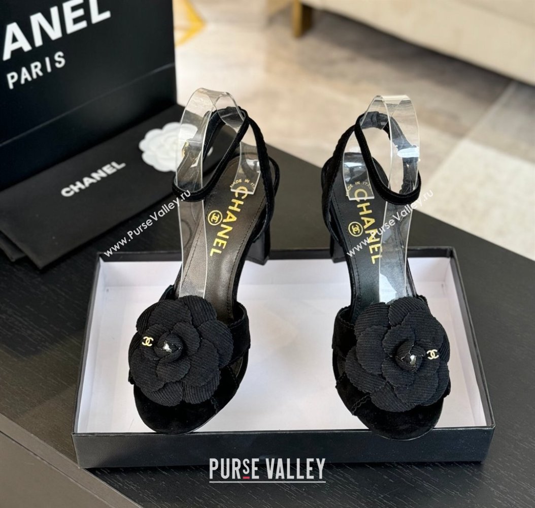 Chanel Suede Heel Sandals 8cm with Camellia Bloom Black 2024 G45927 (SS-241121032)