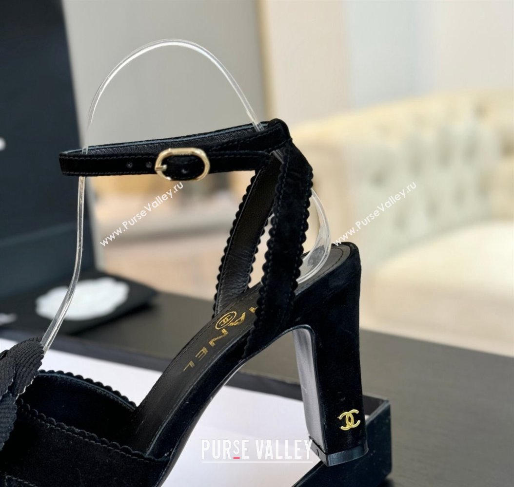 Chanel Suede Heel Sandals 8cm with Camellia Bloom Black 2024 G45927 (SS-241121032)