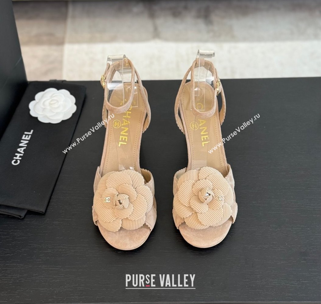 Chanel Suede Heel Sandals 8cm with Camellia Bloom Beige 2024 G45927 (SS-241121033)