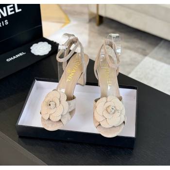 Chanel Suede Heel Sandals 8cm with Camellia Bloom Beige 2024 G45927 (SS-241121033)