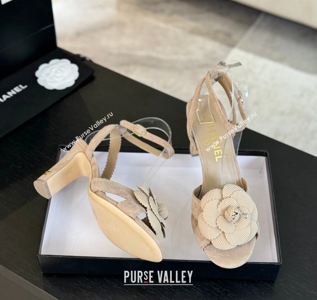 Chanel Suede Heel Sandals 8cm with Camellia Bloom Beige 2024 G45927 (SS-241121033)